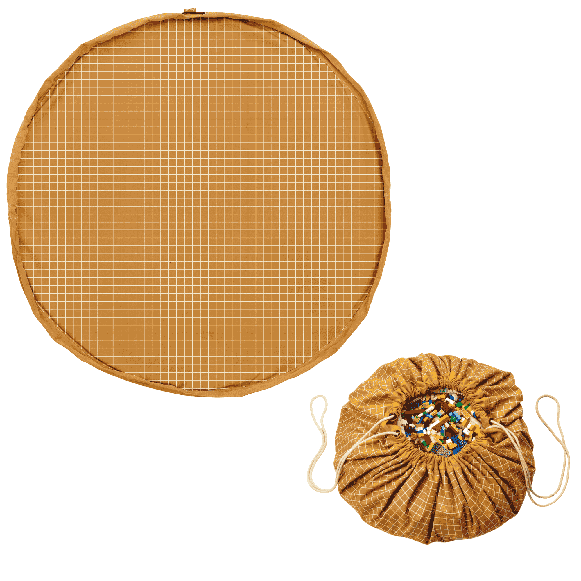 Tapis de jeu et sac à jouets - moutarde à carreaux bio Tapis de jeu et sac à jouets - moutarde à carreaux bio